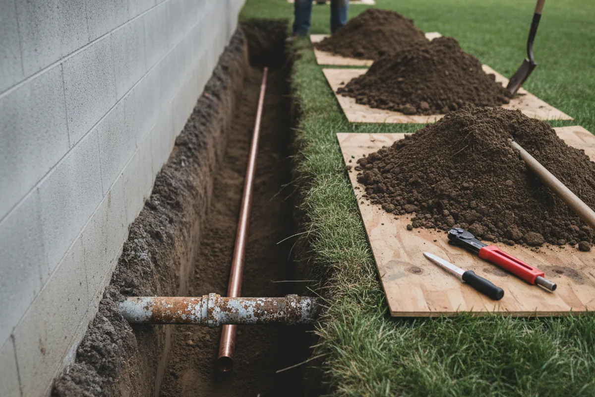 Excavated water line trench during Water Heater Repair in Bentley
